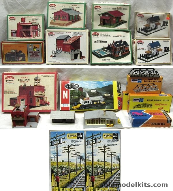 Model Power N Trackside Buildings 12 Total With Atlas Switches / Two Warren Truss Bridges / Two '12 Telephone Poles' and Track Assortment - N Scale plastic model kit